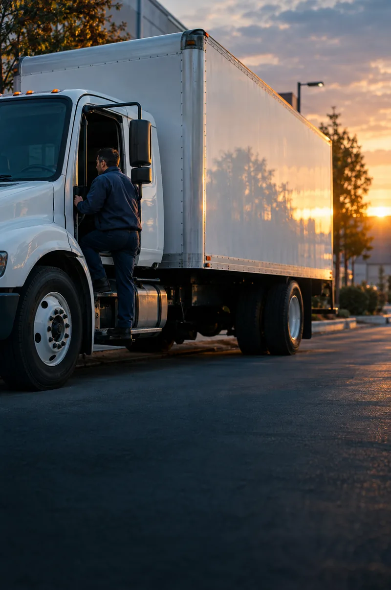 Driver climbing into a white box truck at sunset