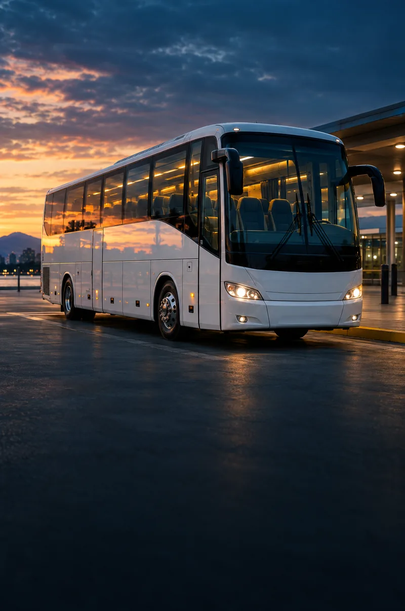 White passenger coach parked at a terminal at sunset