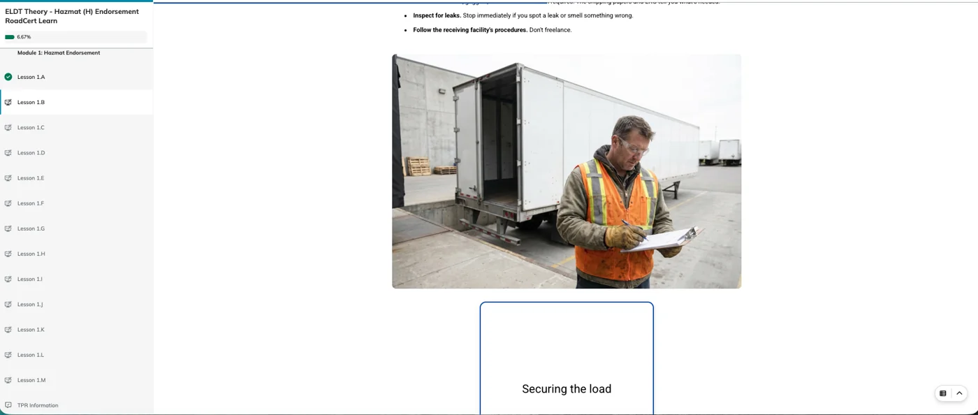 RoadCert Hazmat ELDT lesson on securing a load on a laptop