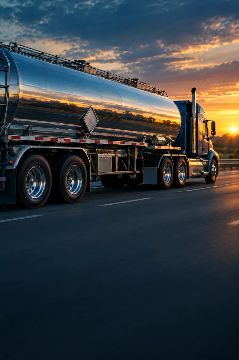 Polished tanker truck traveling along a highway at sunset
