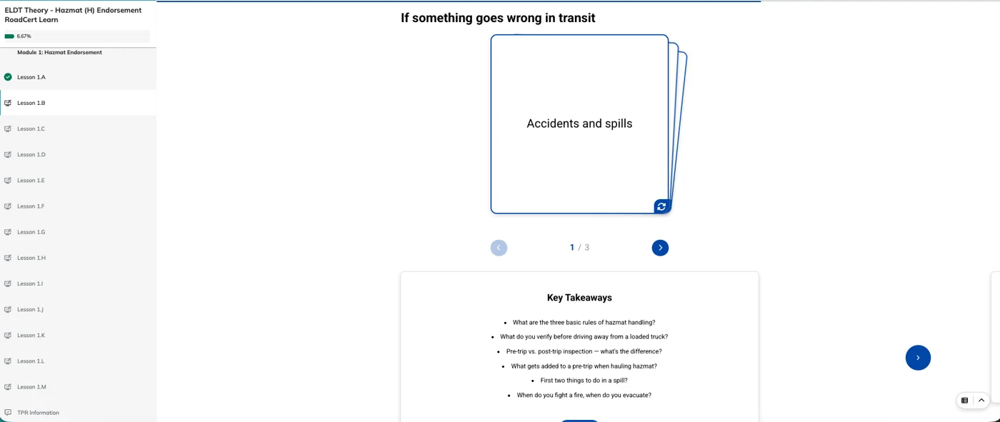 RoadCert Hazmat ELDT accidents and spills flip-card lesson on a laptop