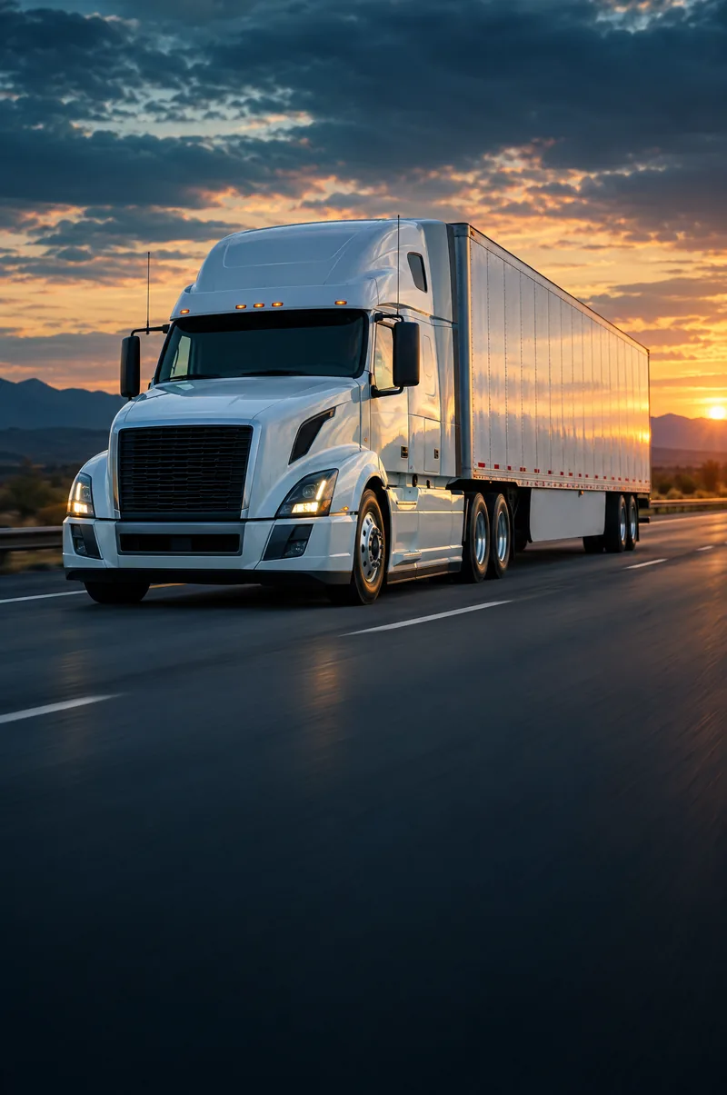White tractor-trailer traveling along a highway at sunset