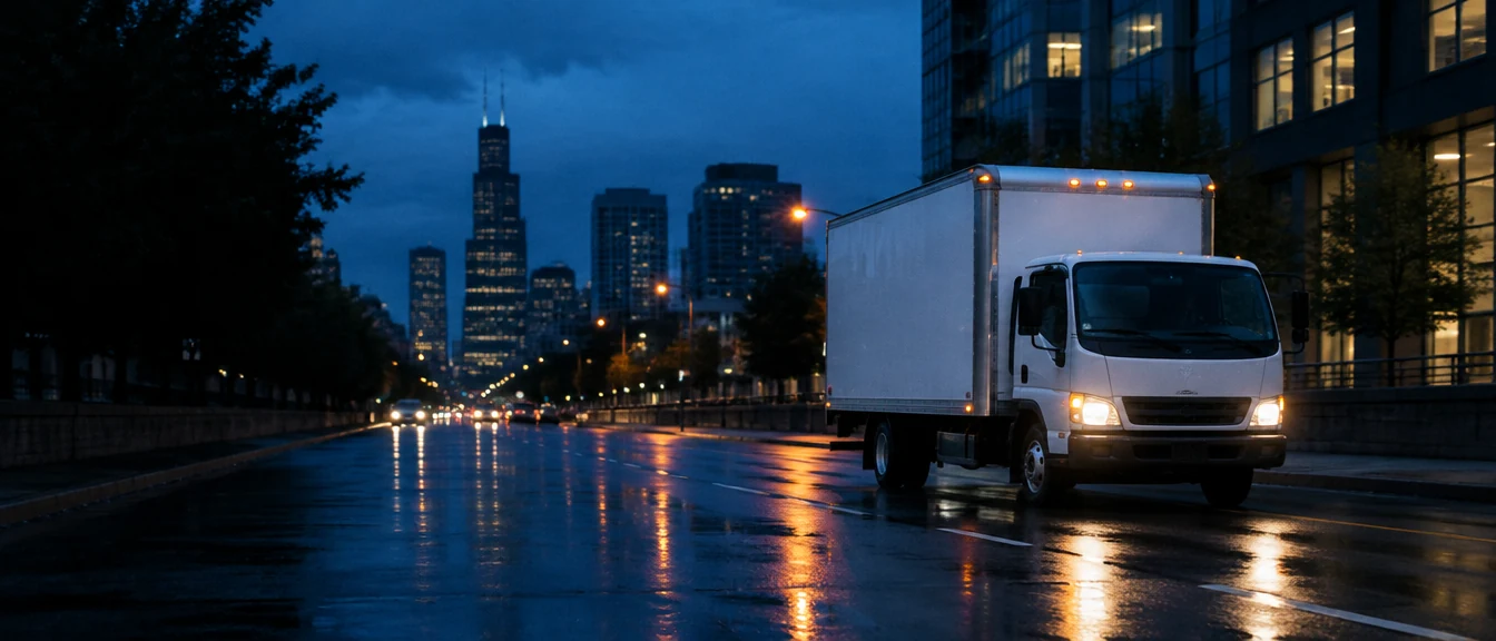 Class B straight box truck on a city street